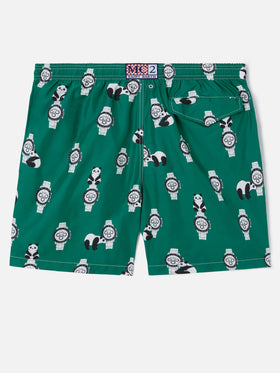 Costume mare Lighting verde con stampa panda e orologi all-over