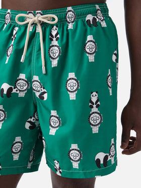 Costume mare Lighting verde con stampa panda e orologi all-over