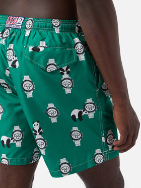 Costume mare Lighting verde con stampa panda e orologi all-over