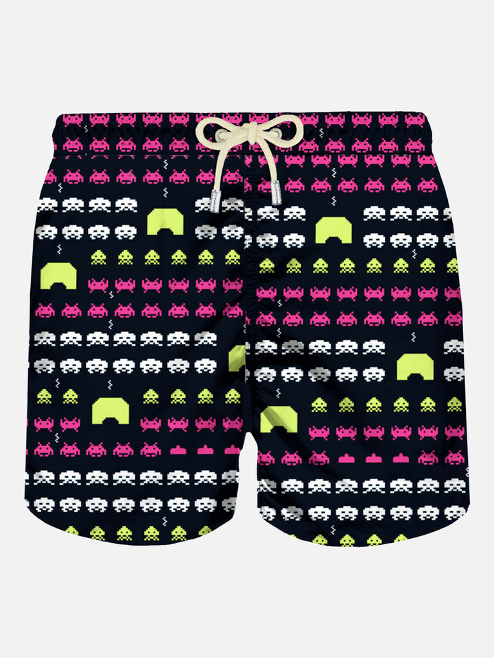 Man light fabric swim shorts with space print