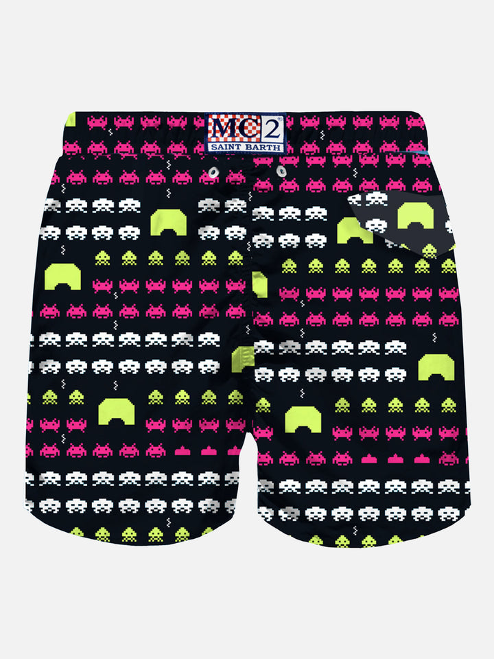 Man light fabric swim shorts with space print