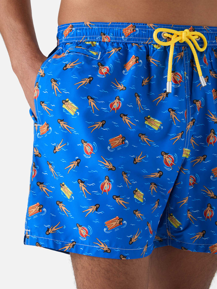 Lightweight fabric swim shorts Lighting with fun doll print