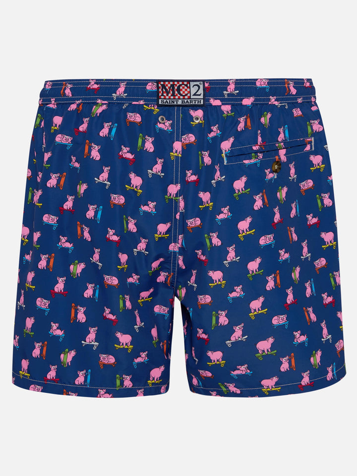 Herren-Badeshorts aus leichtem Stoff mit Skaterschwein-Aufdruck