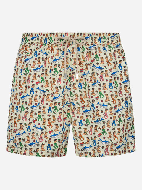 Man lightweight fabric swim-shorts Lighting Micro Fantasy with mermaid print - MC2 Saint Barth