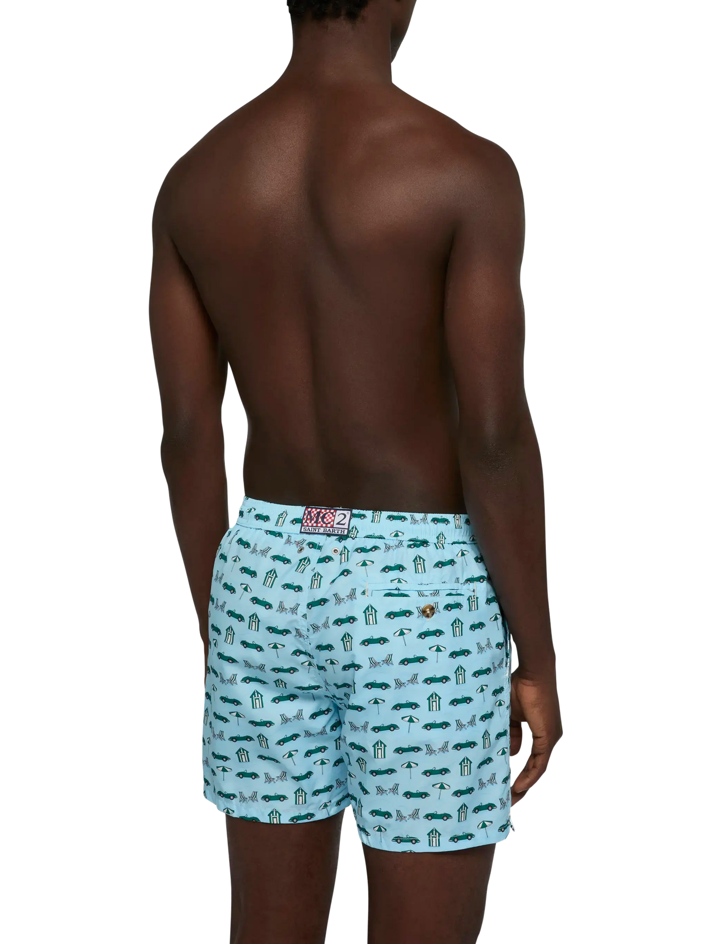 Lightweight fabric swim shorts Lighting with cars and beach cabana print