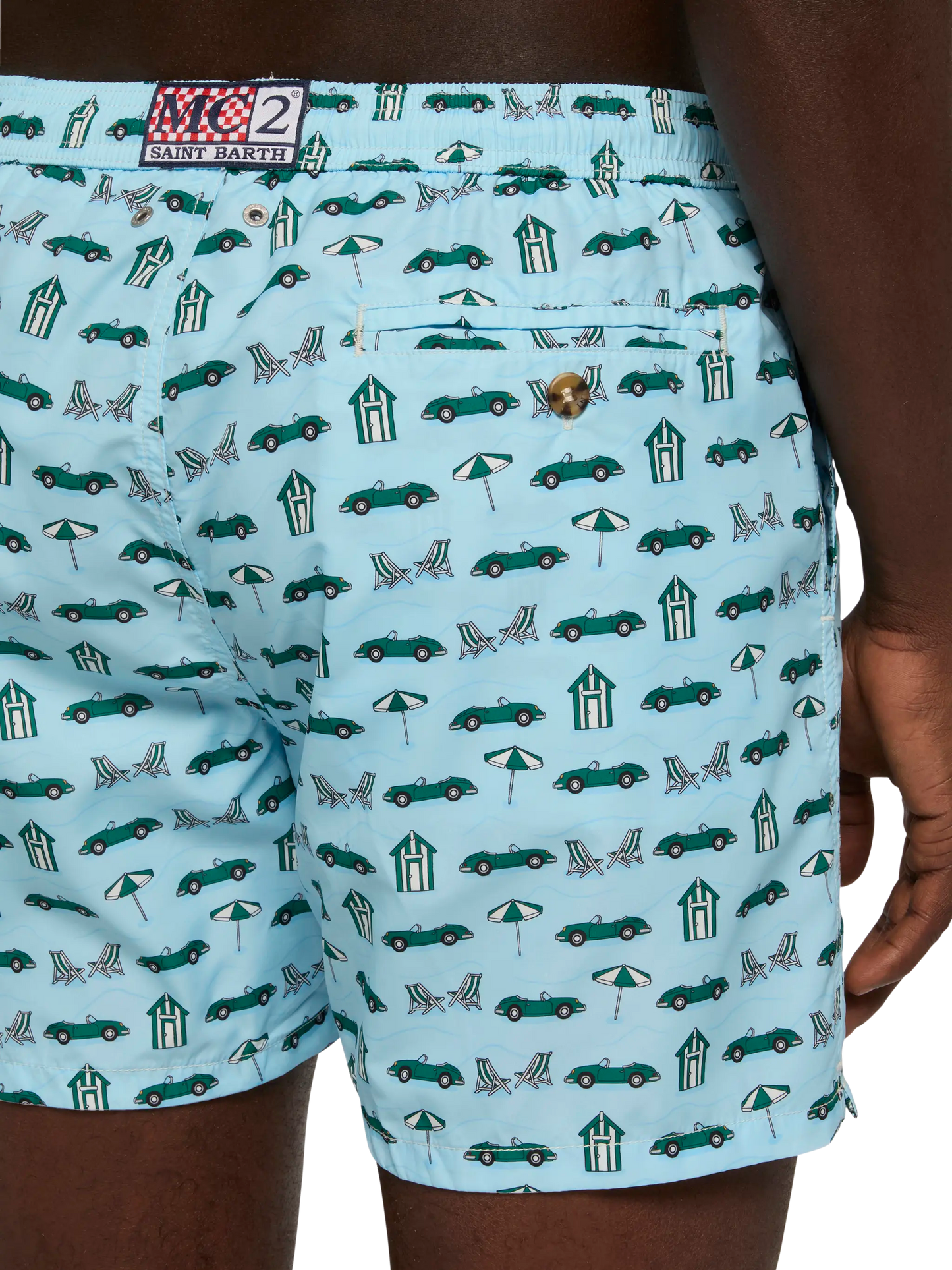 Lightweight fabric swim shorts Lighting with cars and beach cabana print
