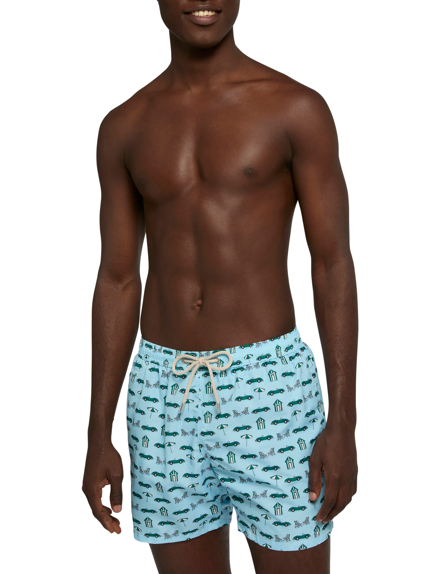Lightweight fabric swim shorts Lighting with cars and beach cabana print