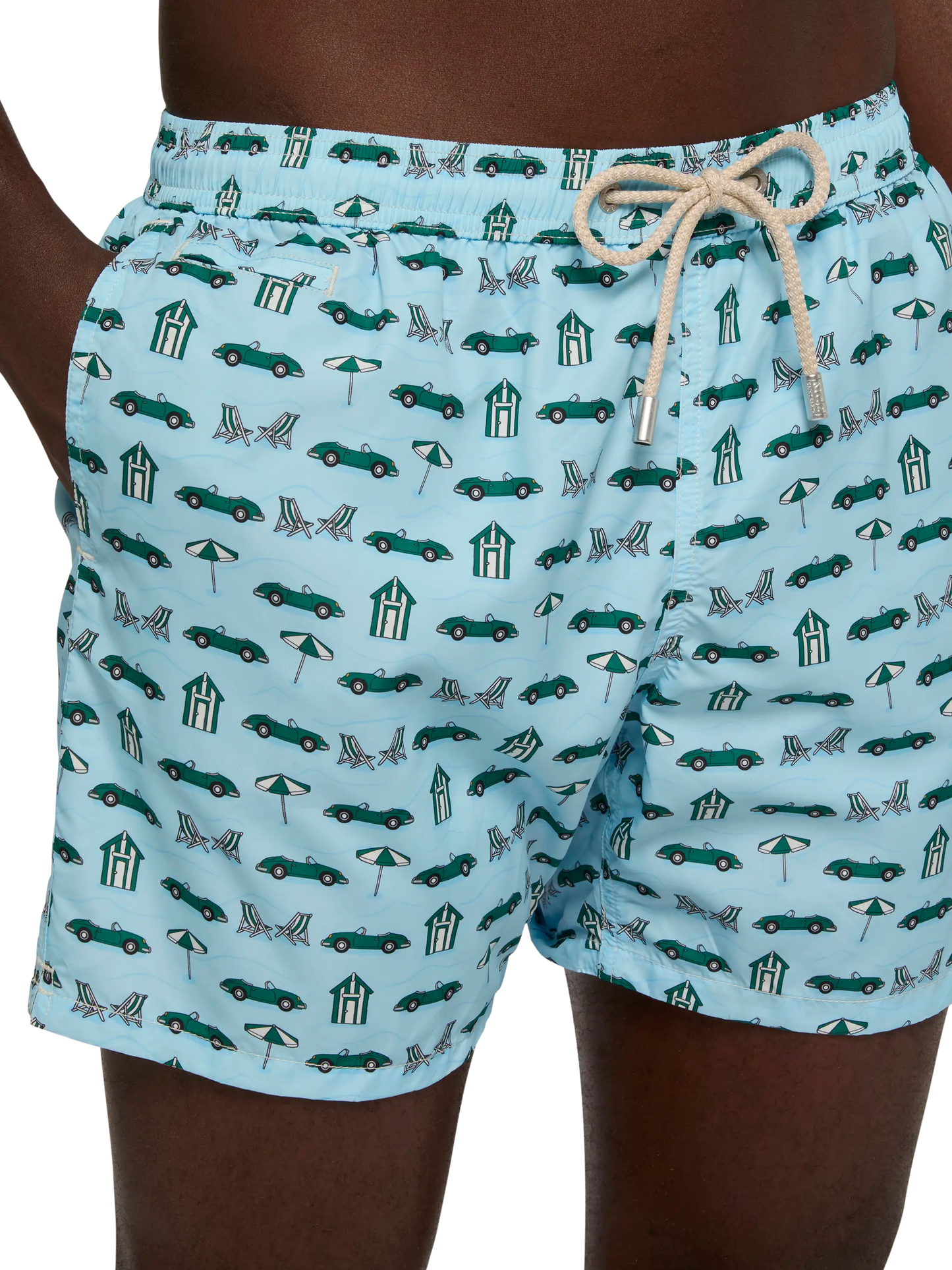 Lightweight fabric swim shorts Lighting with cars and beach cabana print