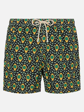 Lightweight fabric swim shorts Lighting with watch print