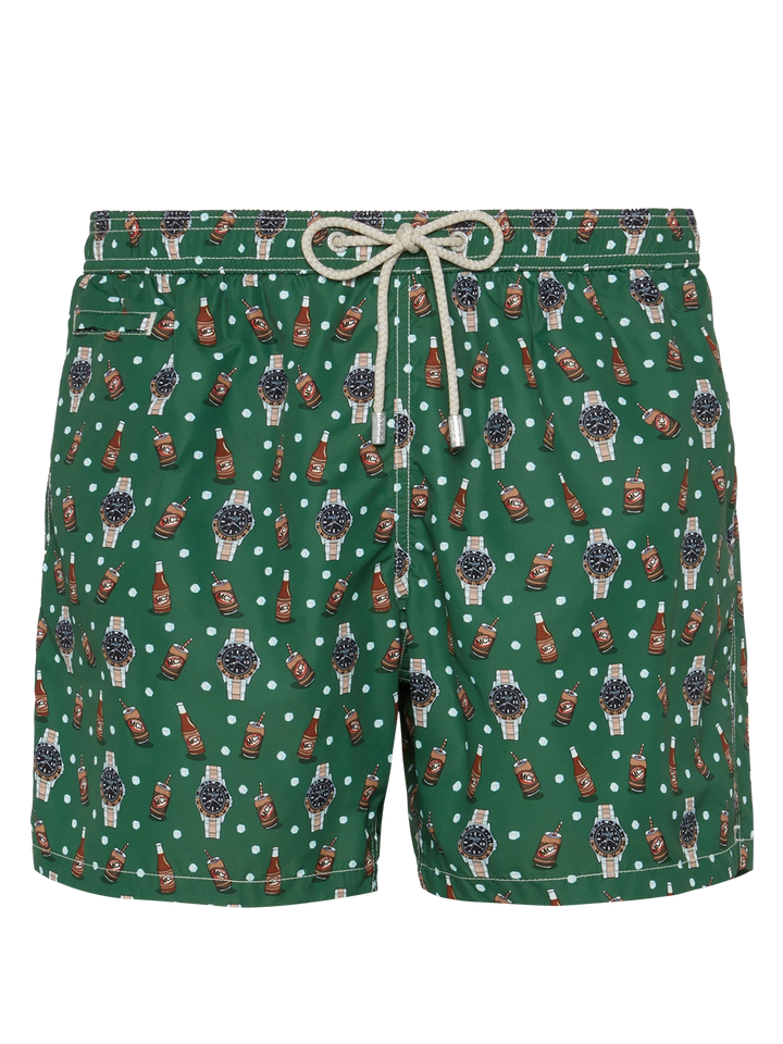 Badeshorts aus leichtem Stoff „Lighting“ mit Uhren- und Bier-Print