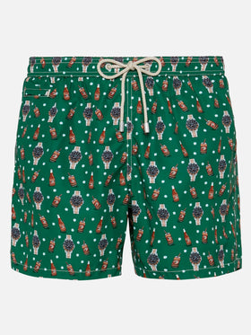 Lightweight fabric swim shorts Lighting with watch and beer print