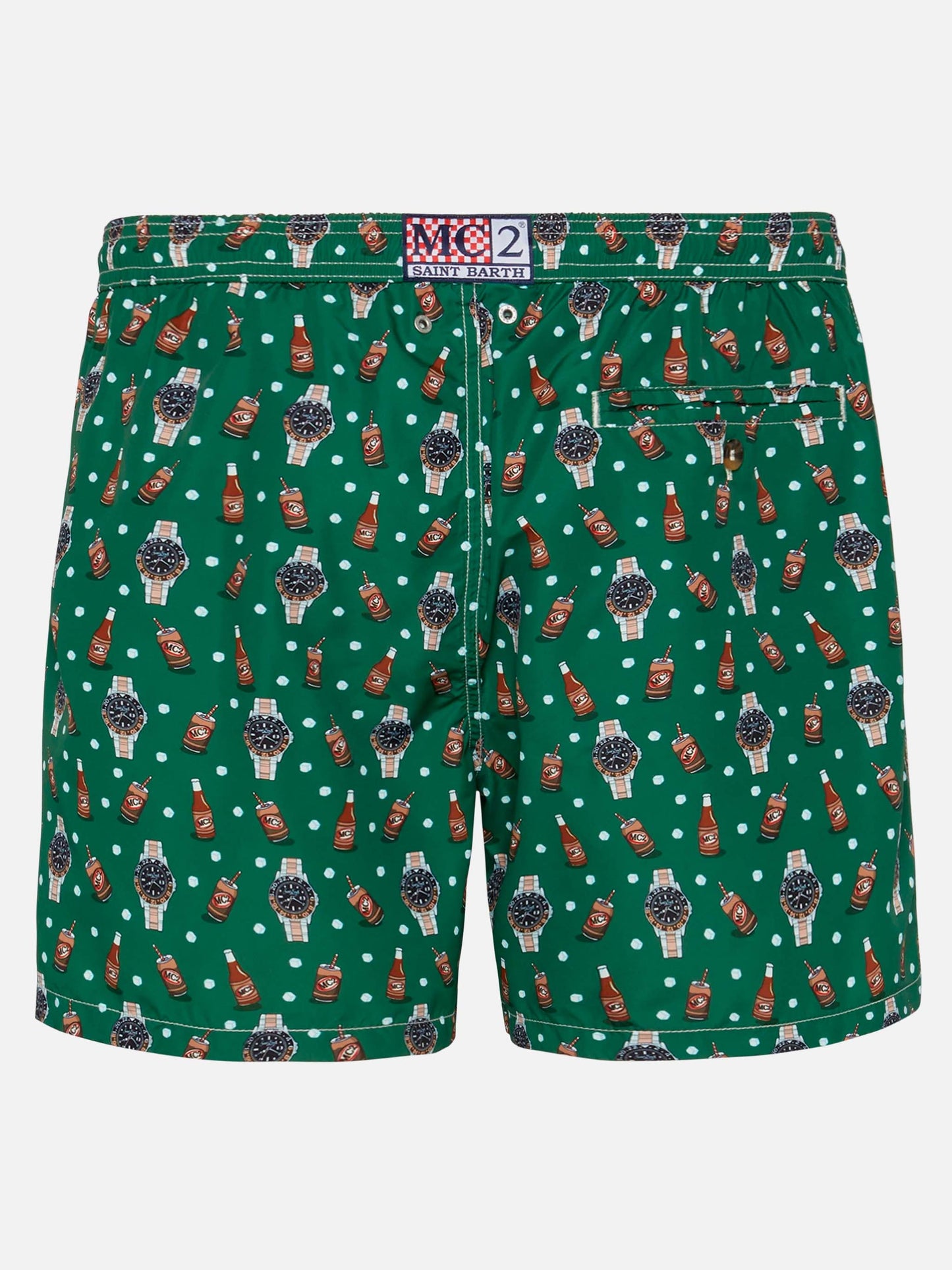 Lightweight fabric swim shorts Lighting with watch and beer print