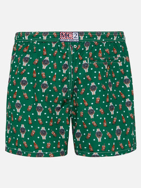 Lightweight fabric swim shorts Lighting with watch and beer print