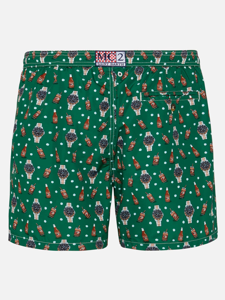 Lightweight fabric swim shorts Lighting with watch and beer print