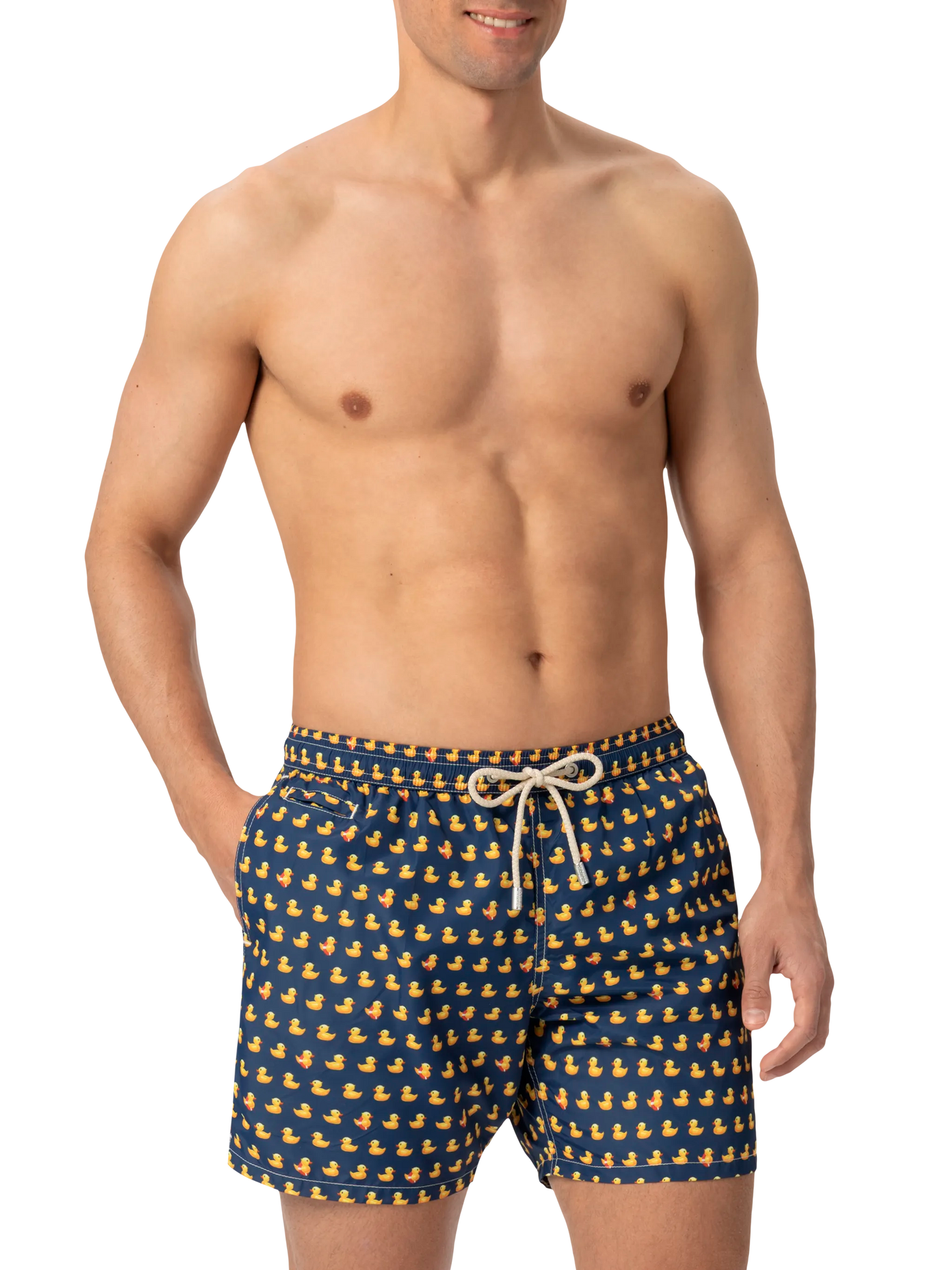 Lightweight fabric swim shorts Lighting with ducky print