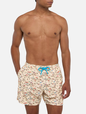Badeshorts aus leichtem Stoff „Lighting“ mit Strandmenschen-Print