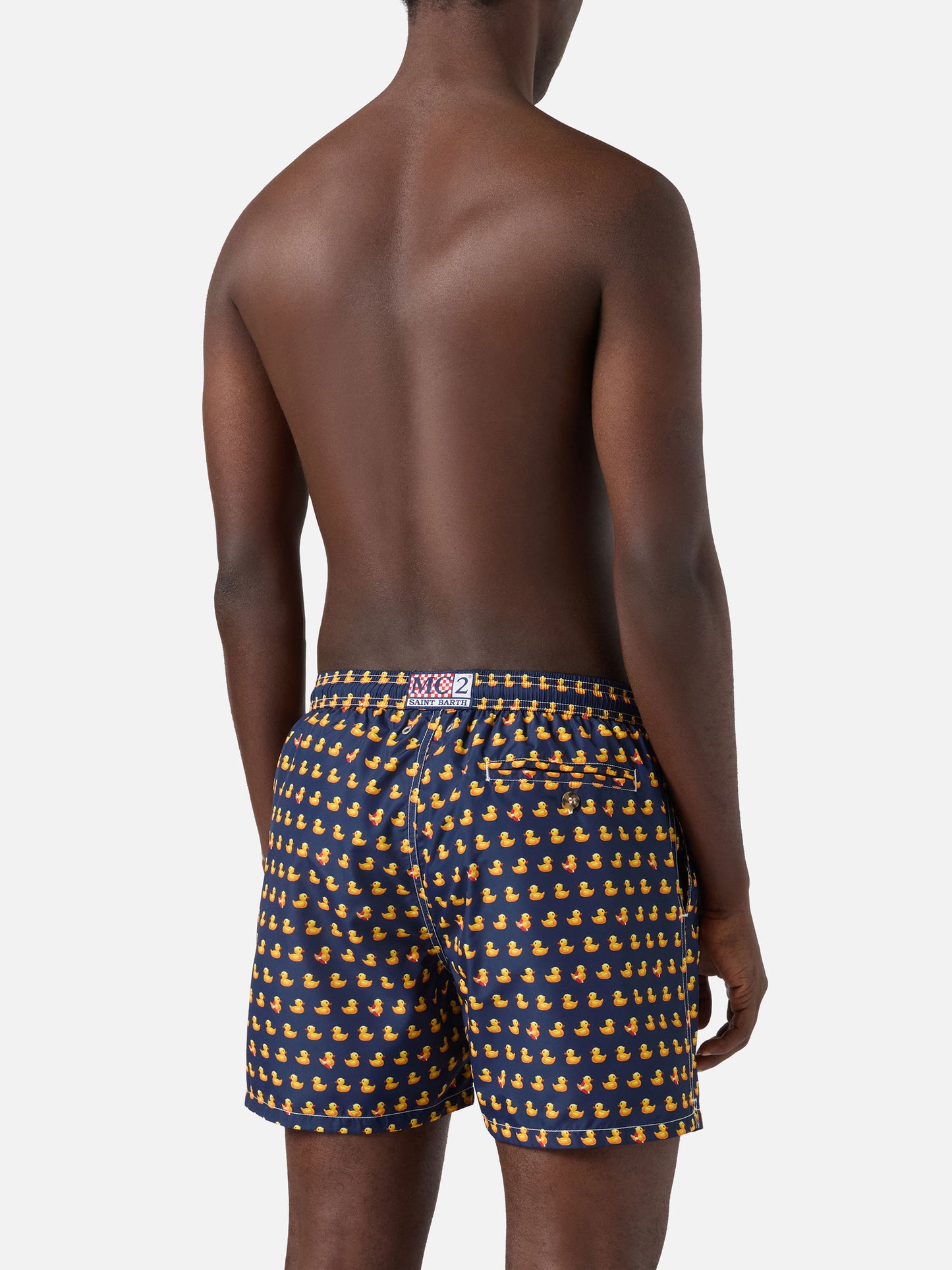 Navy Lighting Micro swim shorts with rubber duck all-over print