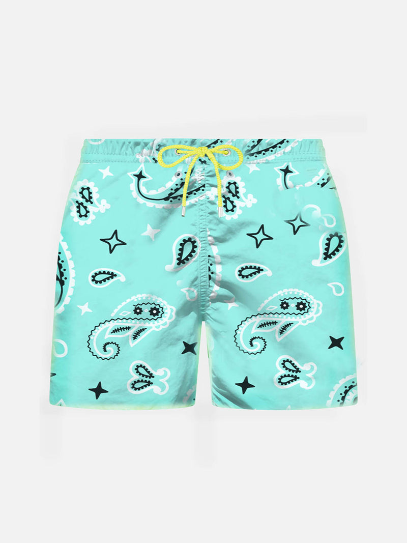 Boy water green swim shorts with bandanna pattern