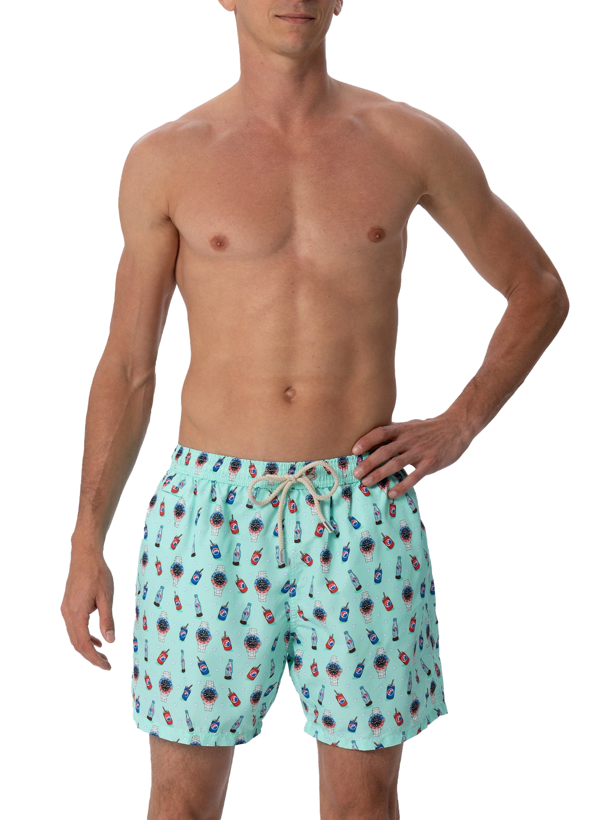 Man lightweight fabric swim-shorts Lighting Micro Fantasy with watches and drinks print - MC2 Saint Barth