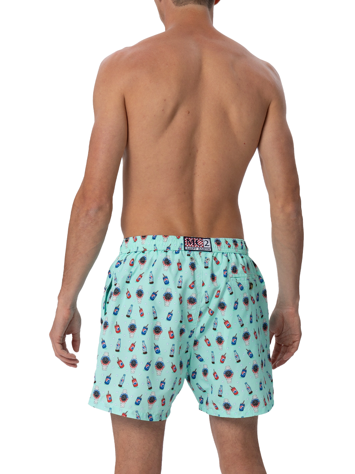 Man lightweight fabric swim-shorts Lighting Micro Fantasy with watches and drinks print - MC2 Saint Barth