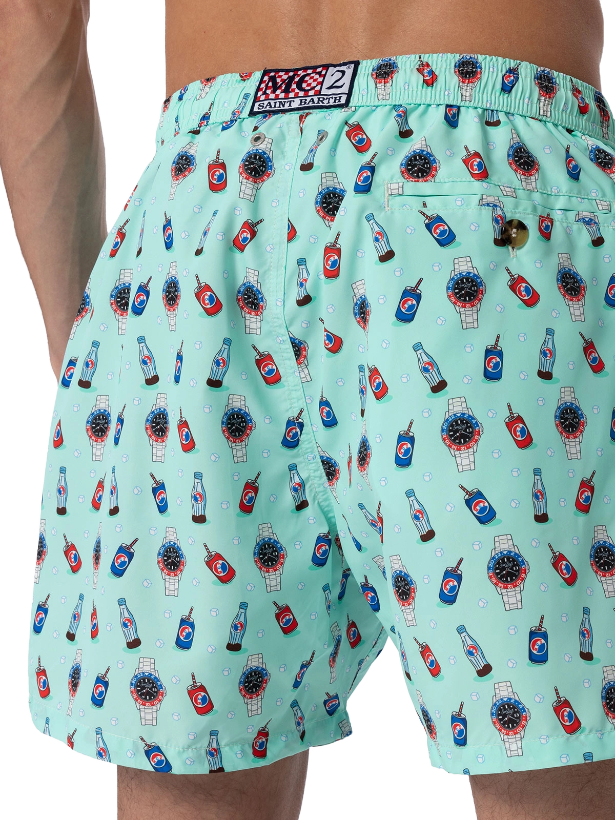 Man lightweight fabric swim-shorts Lighting Micro Fantasy with watches and drinks print - MC2 Saint Barth