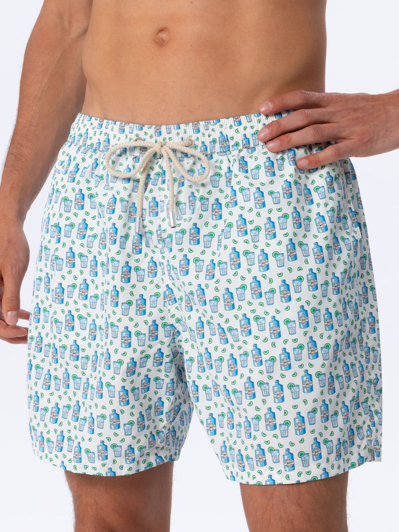 Man lightweight fabric swim-shorts Lighting Micro Fantasy with gin tonic print