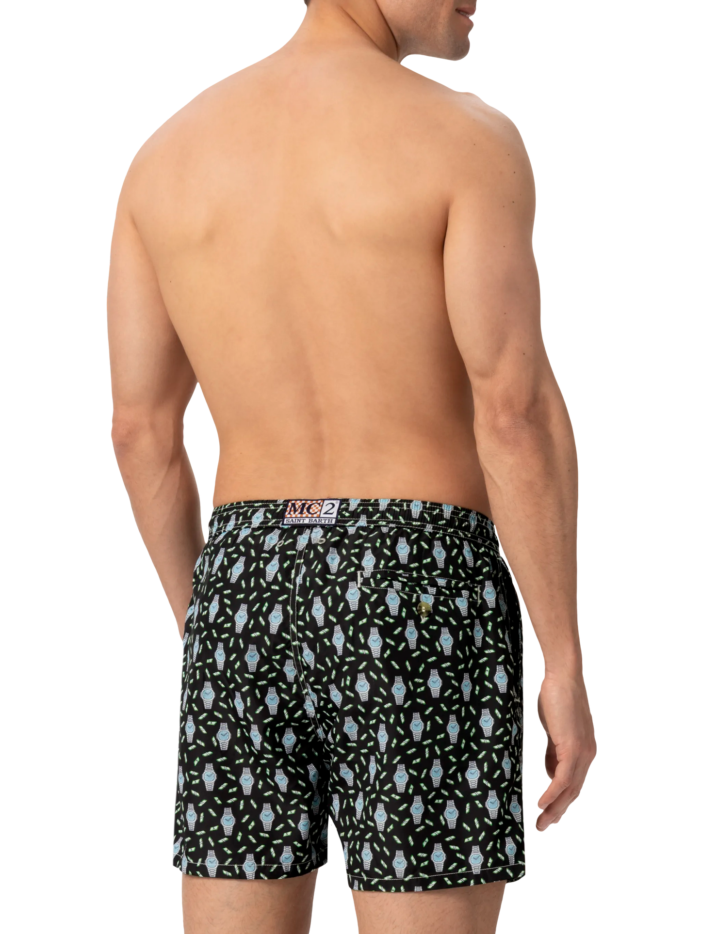 Lightweight fabric swim shorts Lighting with watch print