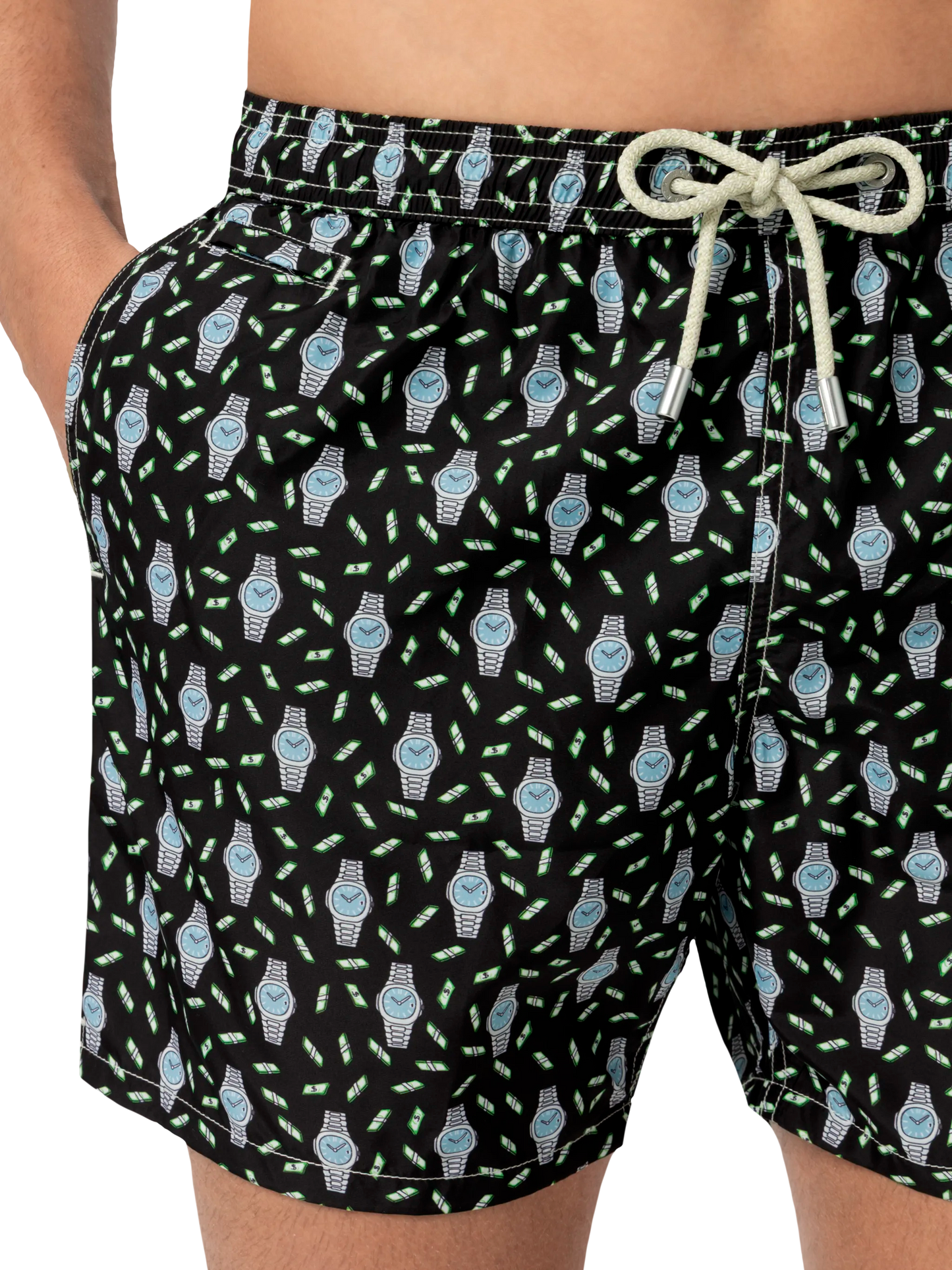 Lightweight fabric swim shorts Lighting with watch print