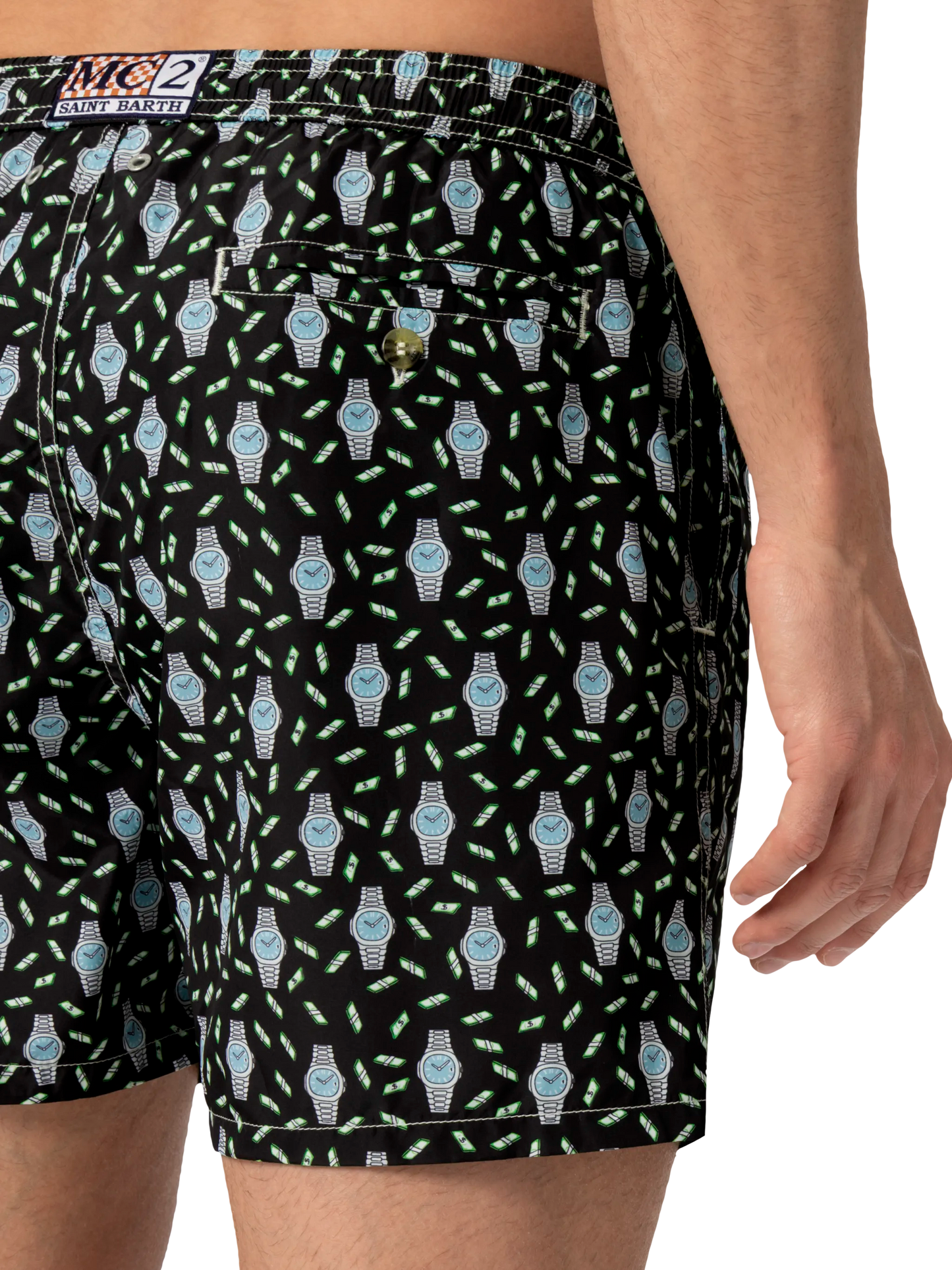 Lightweight fabric swim shorts Lighting with watch print