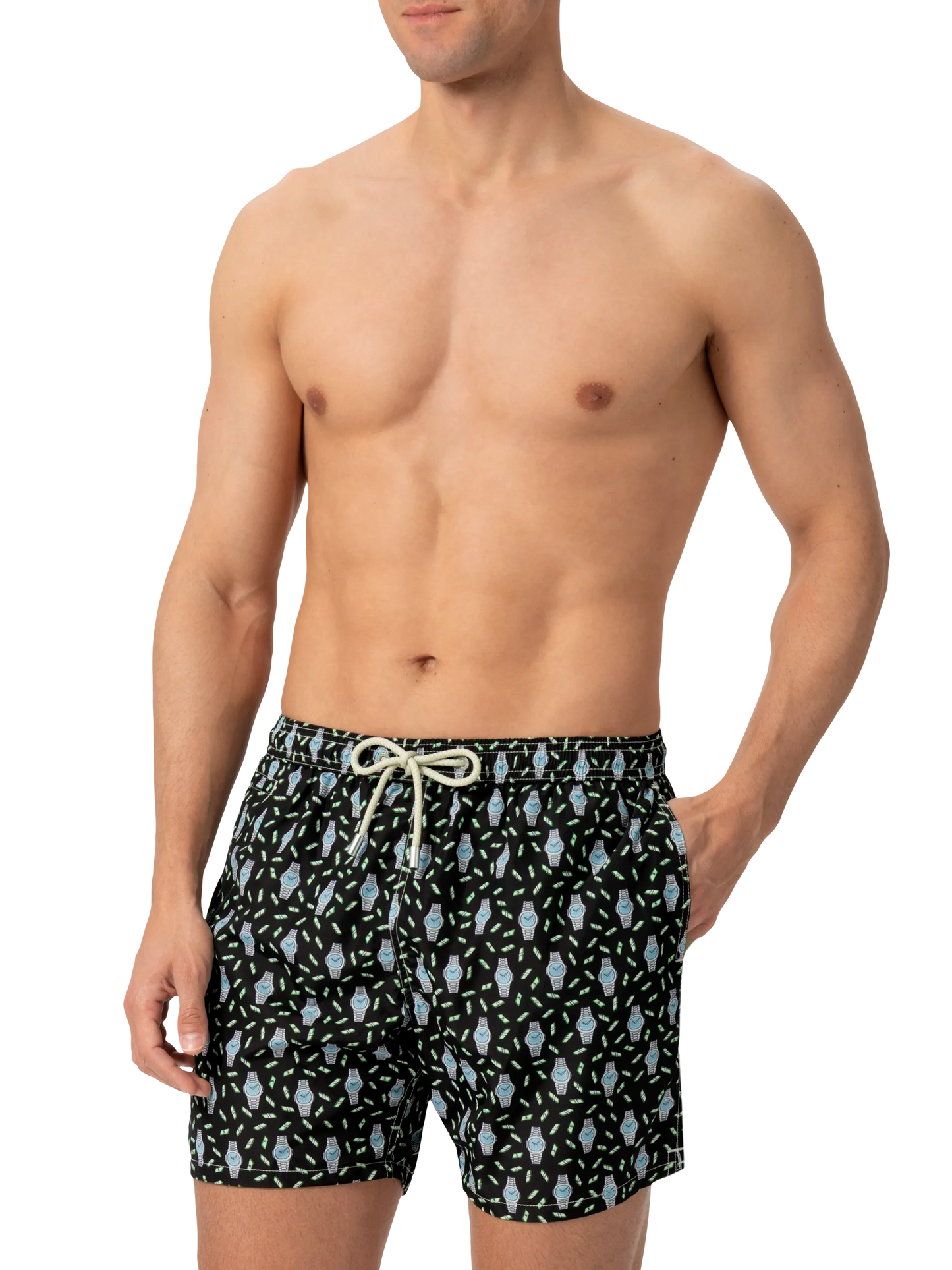 Lightweight fabric swim shorts Lighting with watch print