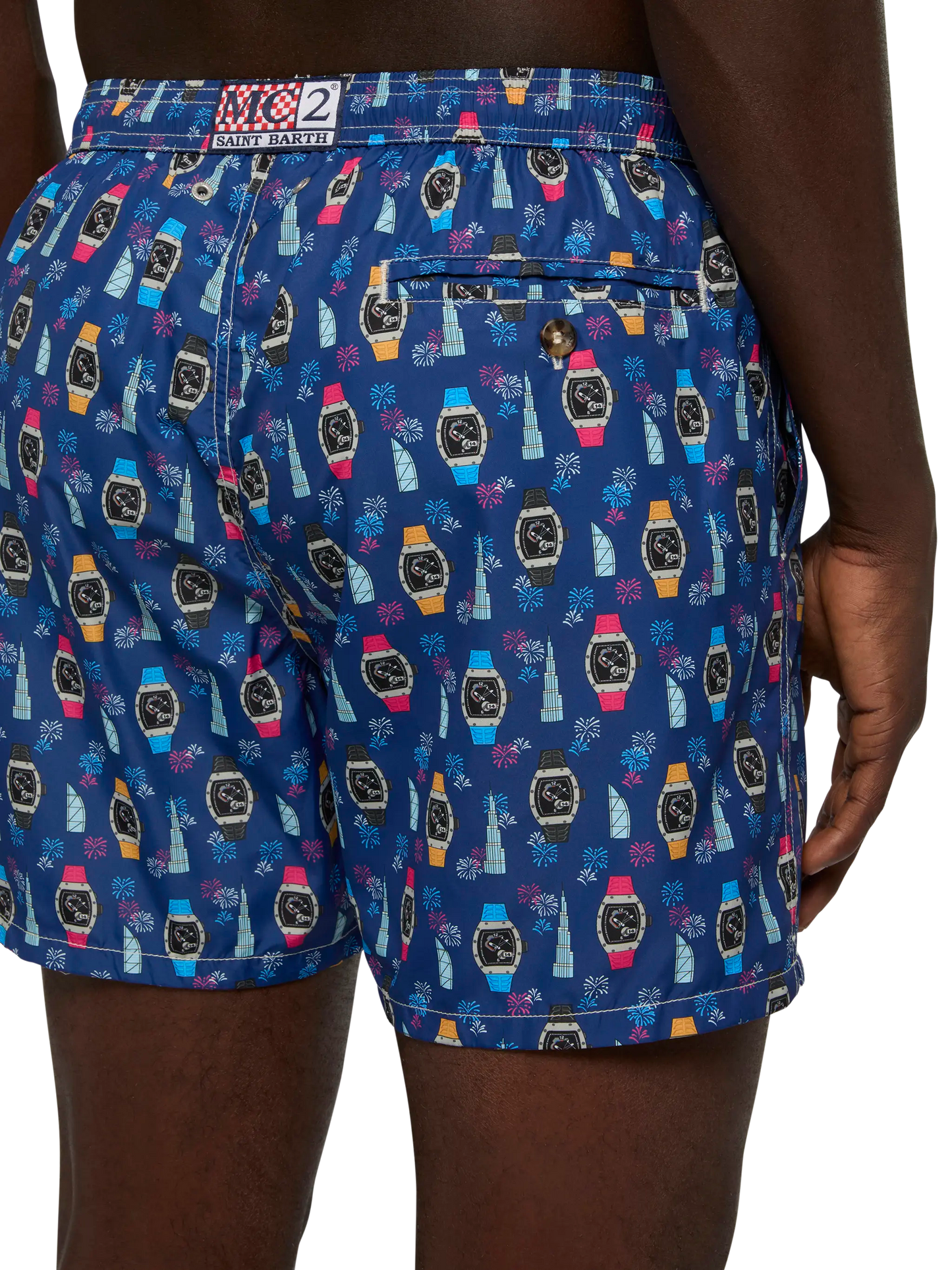 Lightweight fabric swim shorts Lighting with watch print