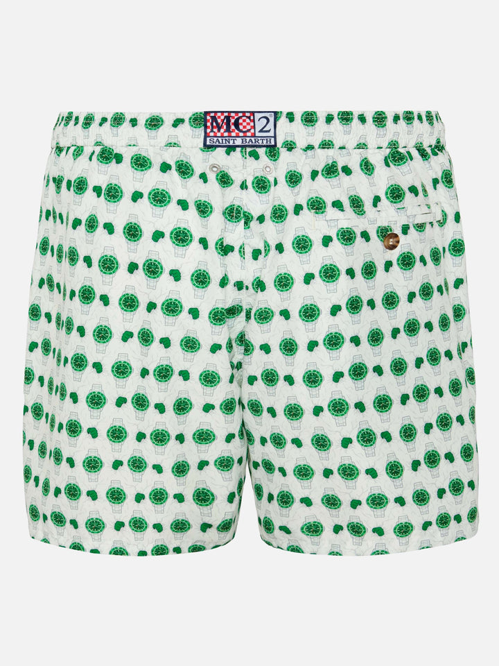 Badeshorts aus leichtem Stoff „Lighting“ mit Uhren-Print
