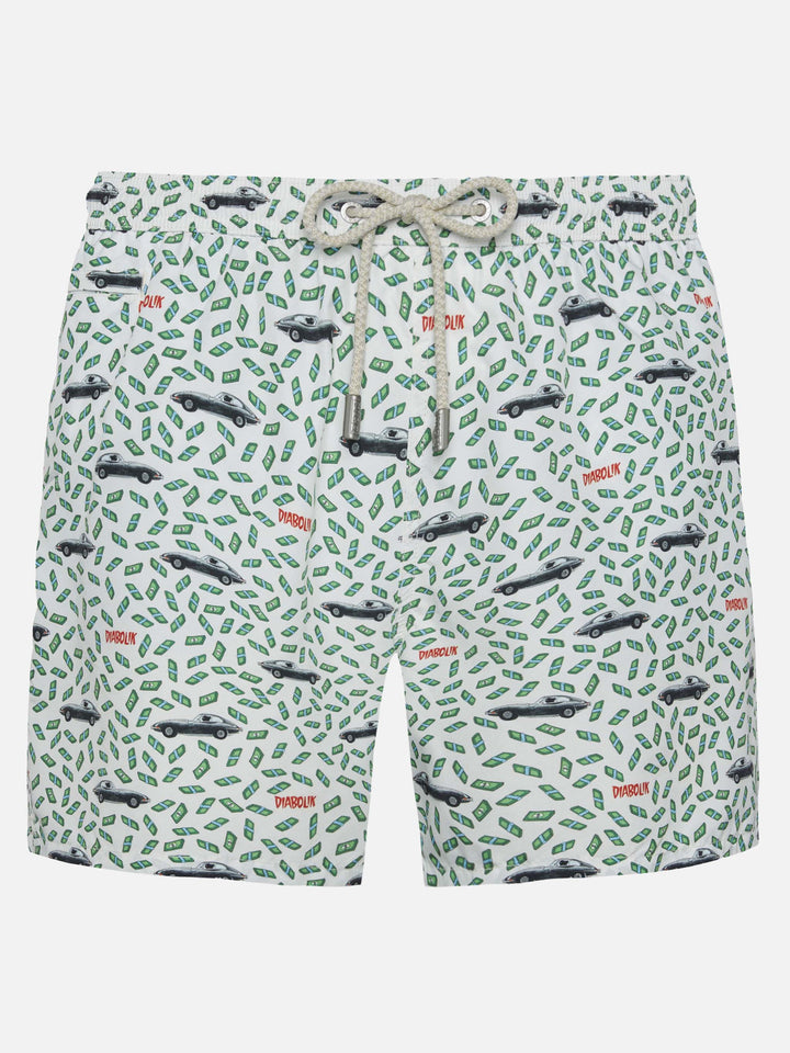 Man light fabric swim shorts with car and money print | DIABOLIK SPECIAL EDITION