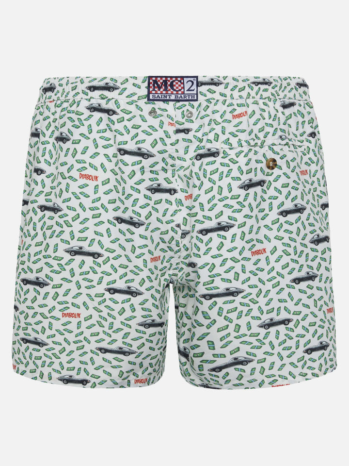 Man light fabric swim shorts with car and money print | DIABOLIK SPECIAL EDITION