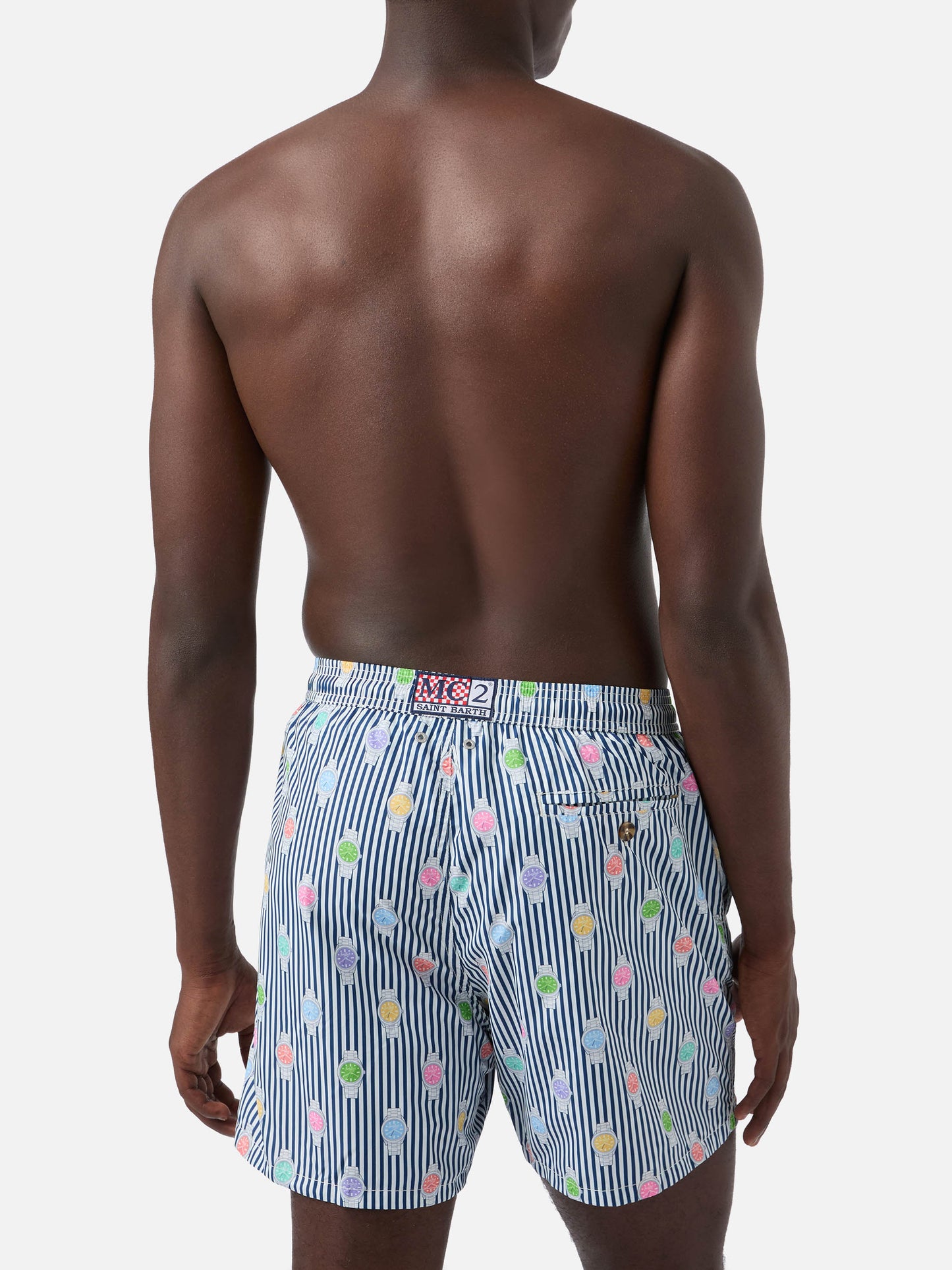 Navy striped Lighting Micro swim shorts with watch all-over print