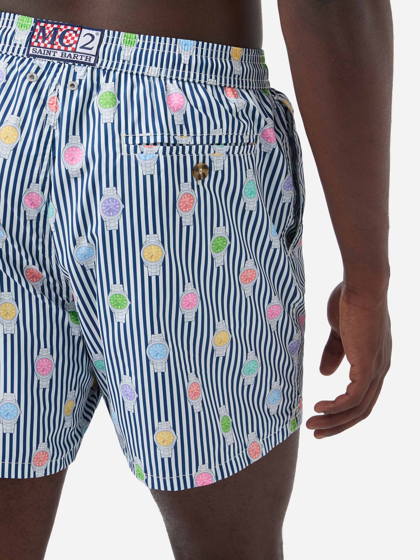 Navy striped Lighting Micro swim shorts with watch all-over print