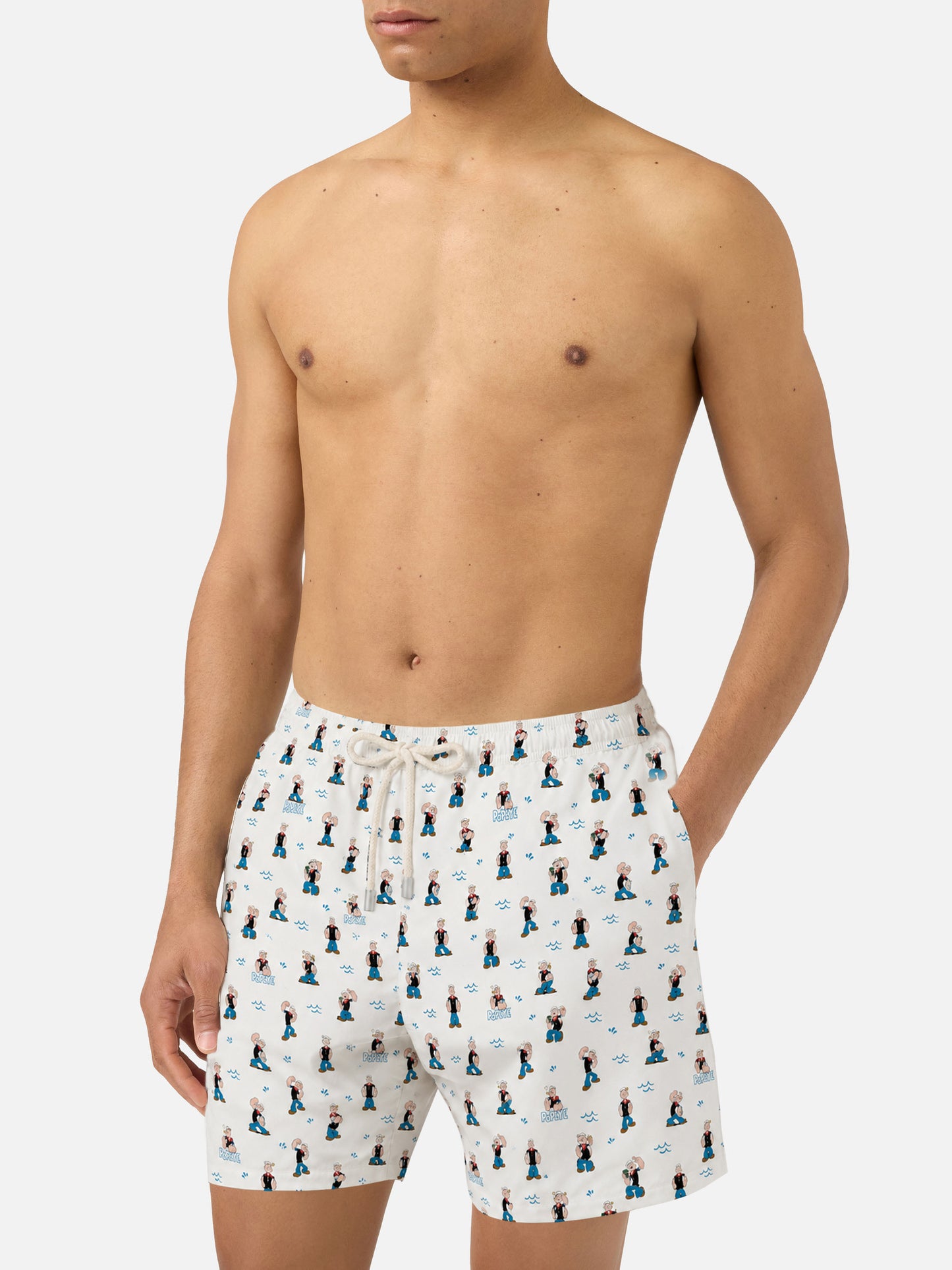 Weiße White Lighting Micro-Badeshorts mit Popeye Allover-Print | POPEYE SPECIAL EDITION 