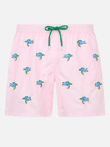 Man lightweight fabric swim-shorts Lighting with sea turtles embroidery