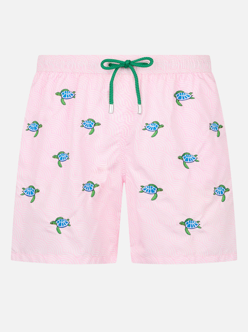 Man lightweight fabric swim-shorts Lighting with sea turtles embroidery