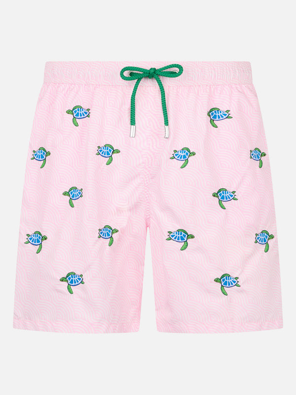 Man lightweight fabric swim-shorts Lighting with sea turtles embroidery