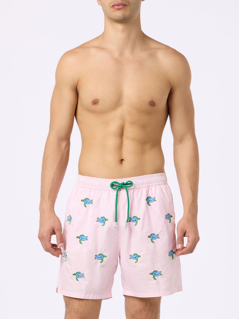 Man lightweight fabric swim-shorts Lighting with sea turtles embroidery