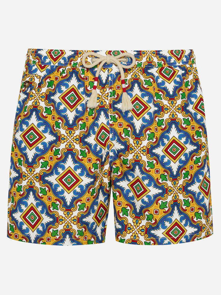 Herren-Badeshorts aus leichtem Stoff mit Majolika-Print