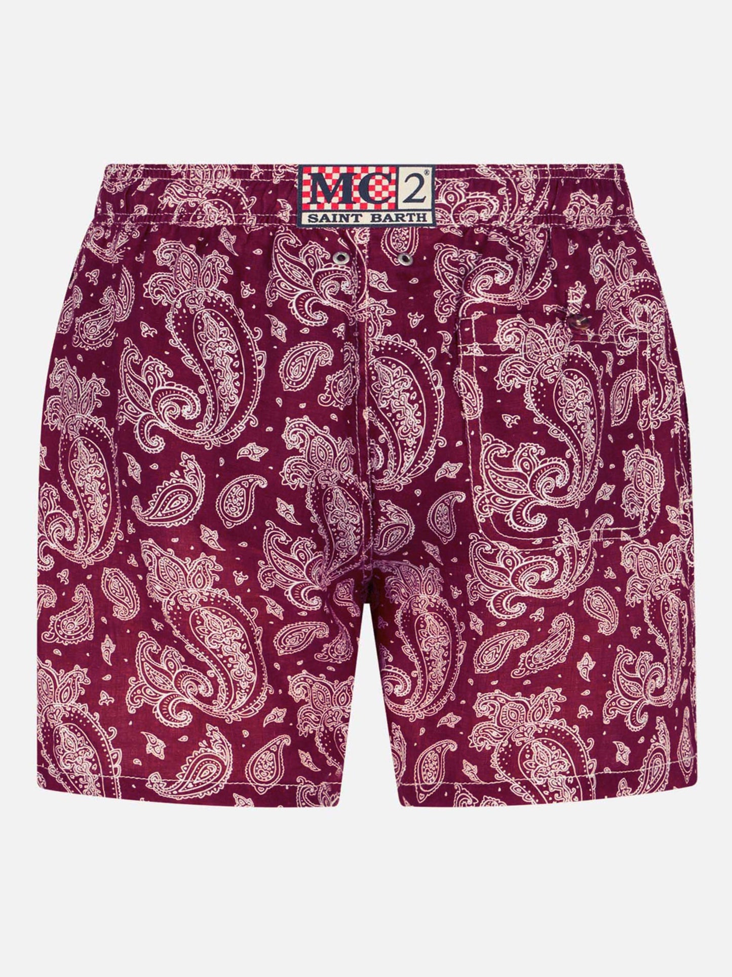 Man light fabric swim shorts with burgundy paisley print