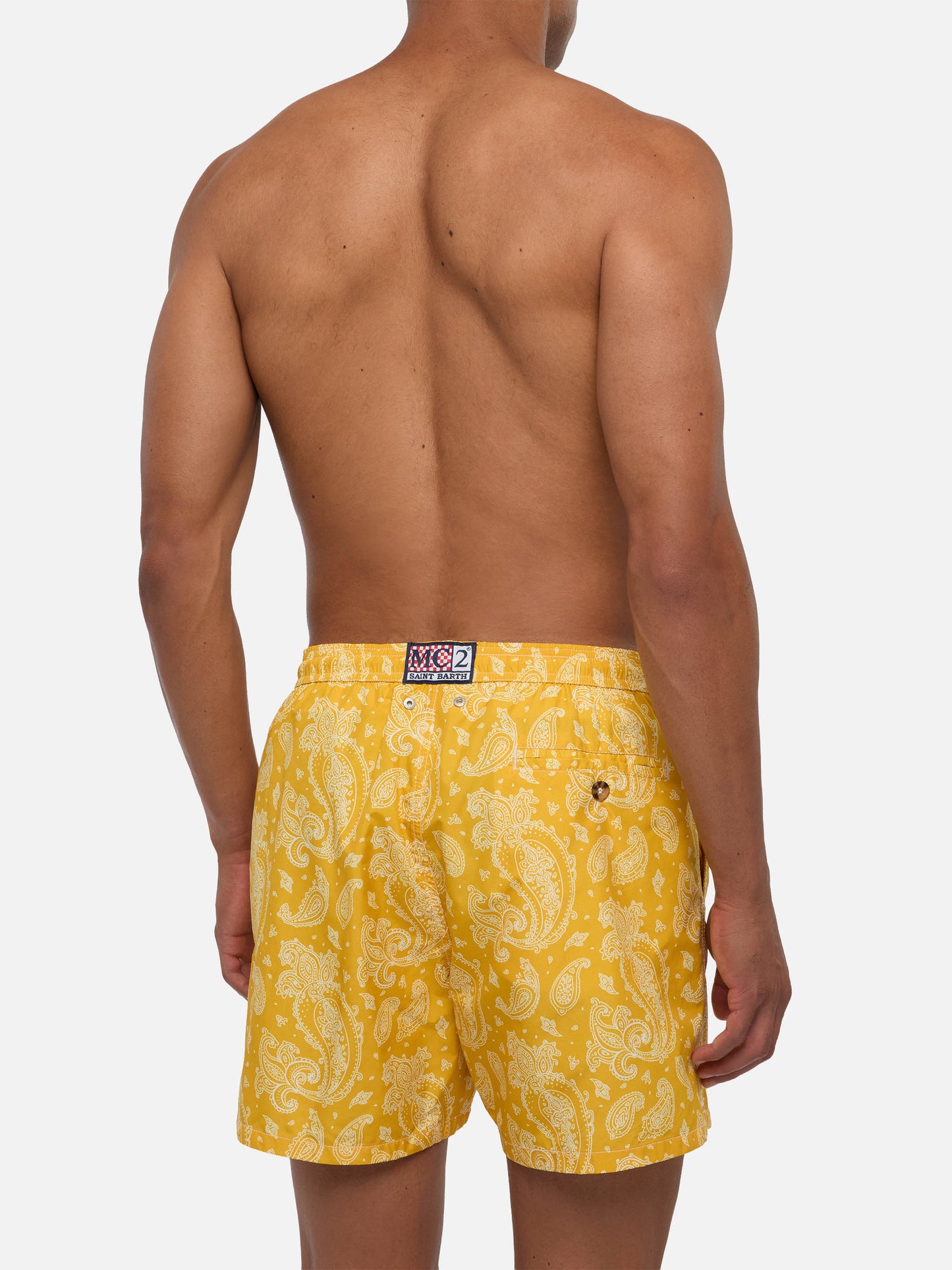 Herren-Badeshorts aus leichtem Stoff mit ockerfarbenem Paisley-Print