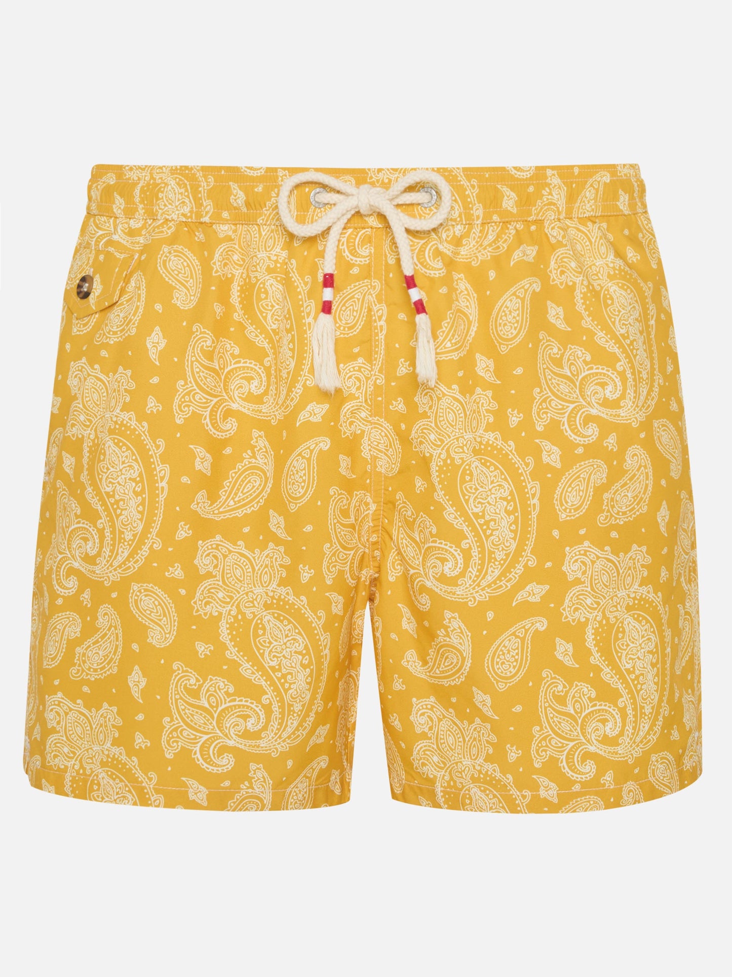 Herren-Badeshorts aus leichtem Stoff mit ockerfarbenem Paisley-Print