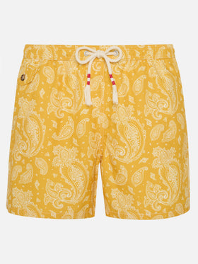 Herren-Badeshorts aus leichtem Stoff mit ockerfarbenem Paisley-Print