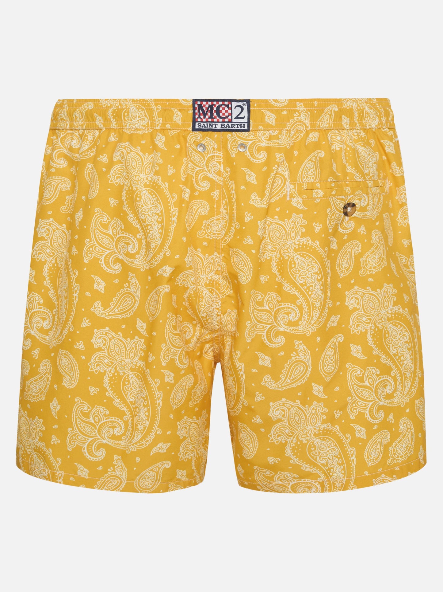Herren-Badeshorts aus leichtem Stoff mit ockerfarbenem Paisley-Print