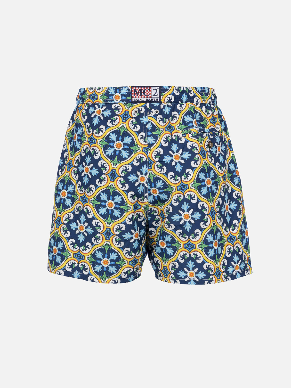 Man lightweight fabric swim-shorts Lighting 70 with majolica print