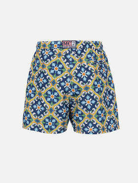 Man lightweight fabric swim-shorts Lighting 70 with majolica print
