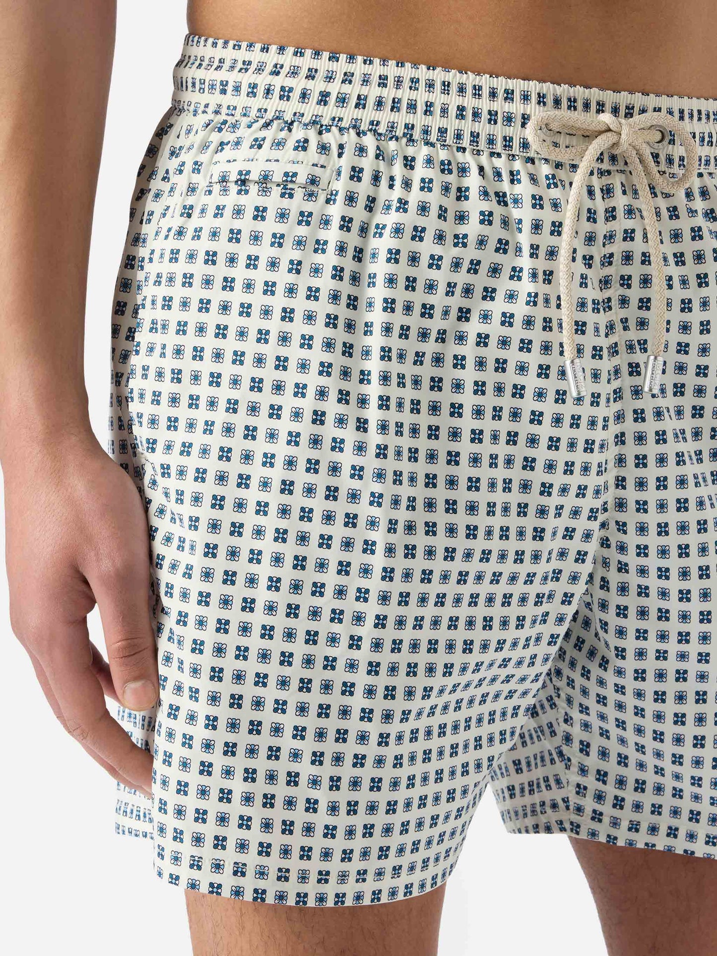 Lighting Micro white swim shorts with all-over geometric print